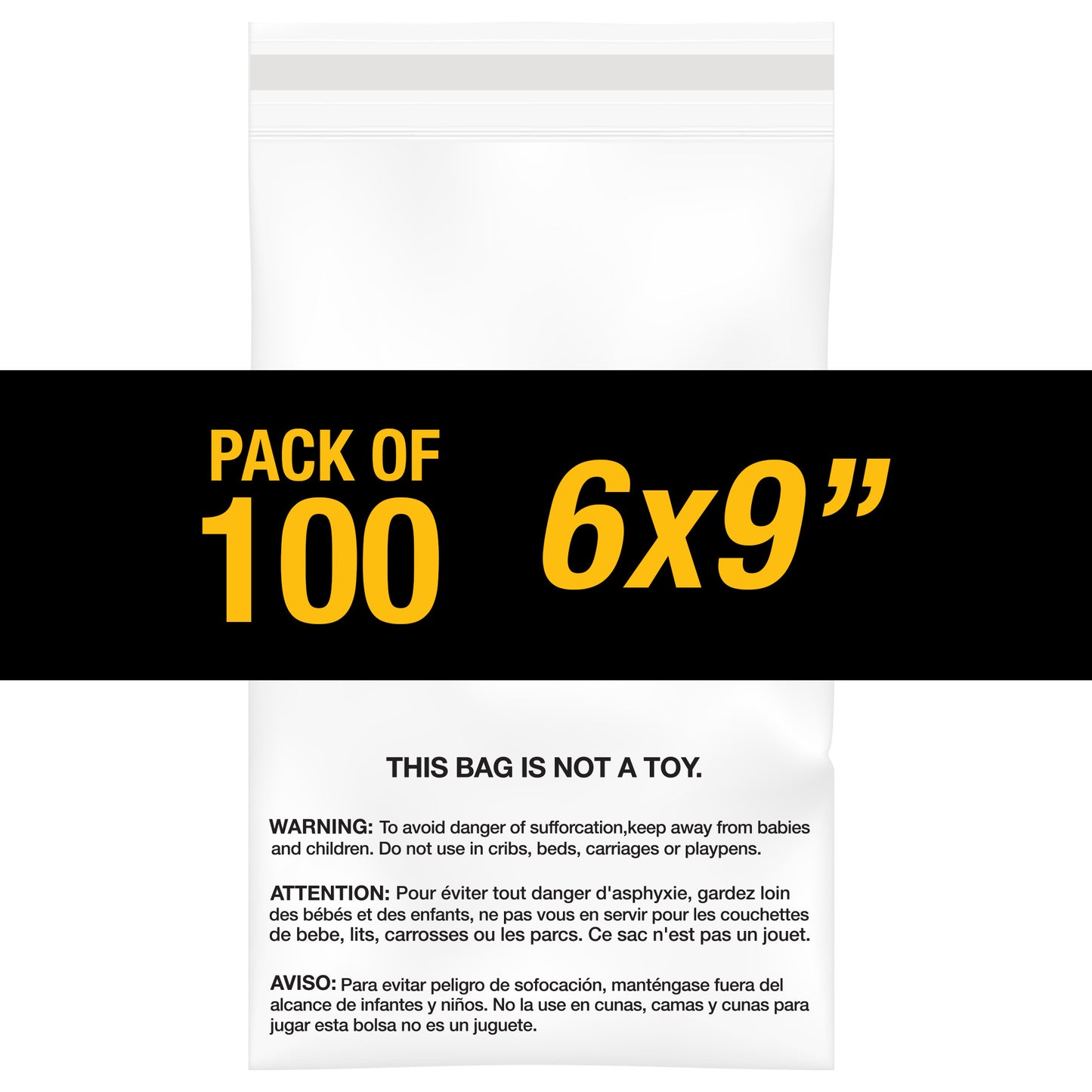 100PC 1.5 Mil 6"x9" Clear Poly Bags with Suffocation Warning