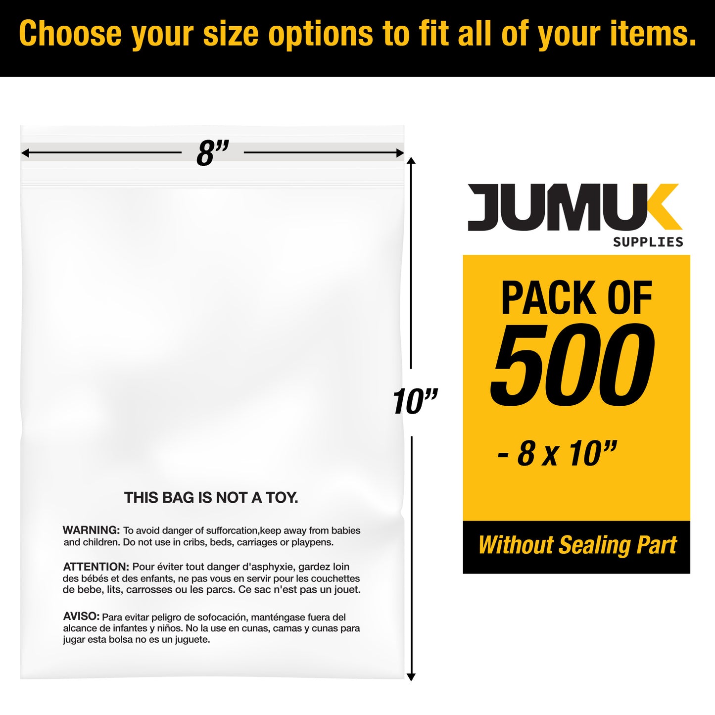 500PC 1.5 Mil 8"x10" Clear Poly Bags with Suffocation Warning