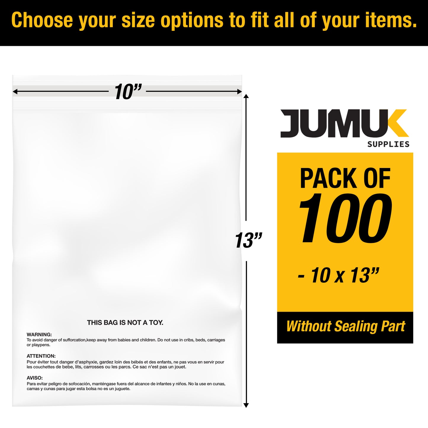 100PC 1.5 Mil 10"x13" Clear Poly Bags with Suffocation Warning