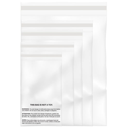 500PC 1.5 Mil 6x9, 8x10, 10x13, 14.5x19, 19x24 (100/ea) Clear Poly Bags with Suffocation Warning