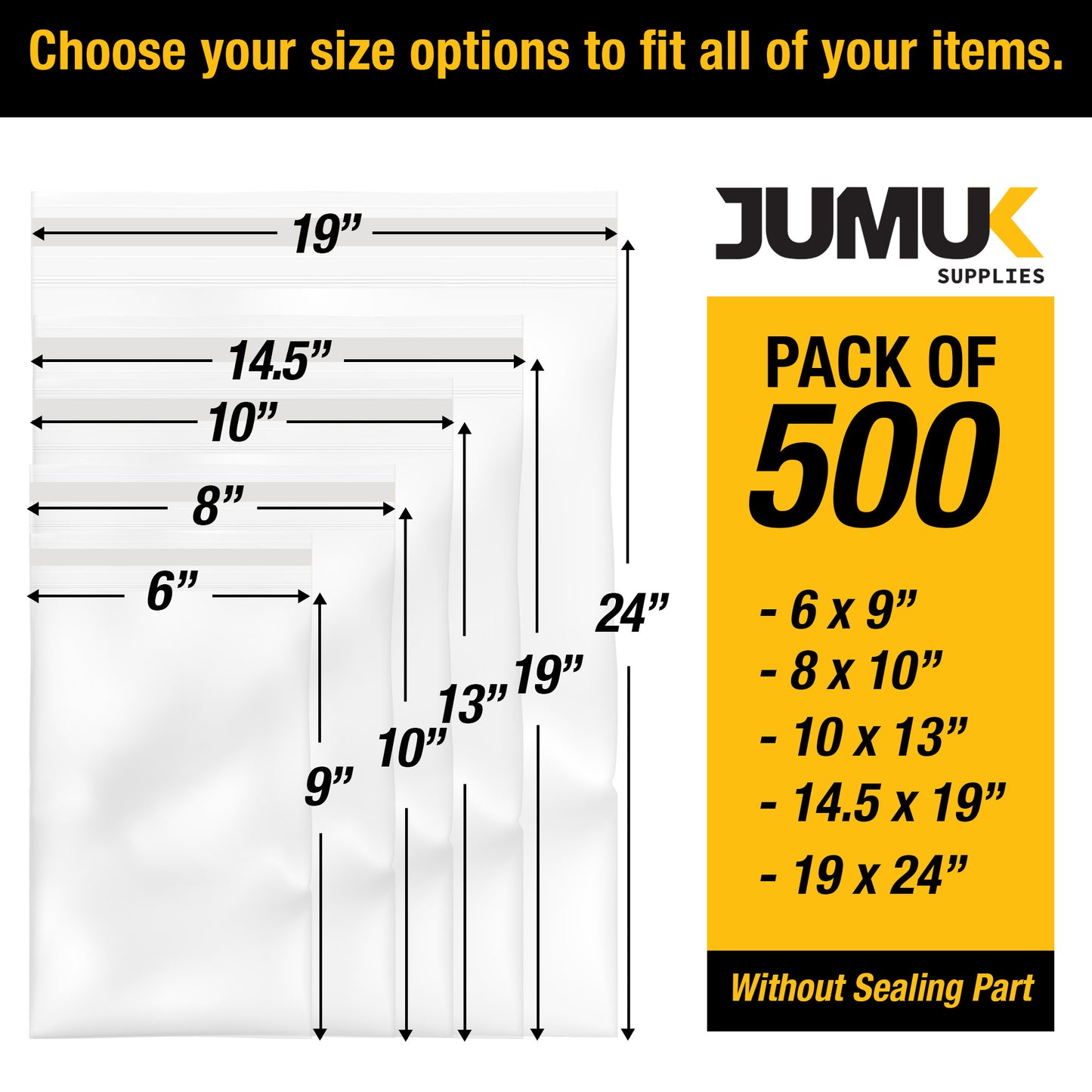 500PC 1.5 Mil 6x9, 8x10, 10x13, 14.5x19, 19x24 (100/ea) Clear Poly Bags with Suffocation Warning