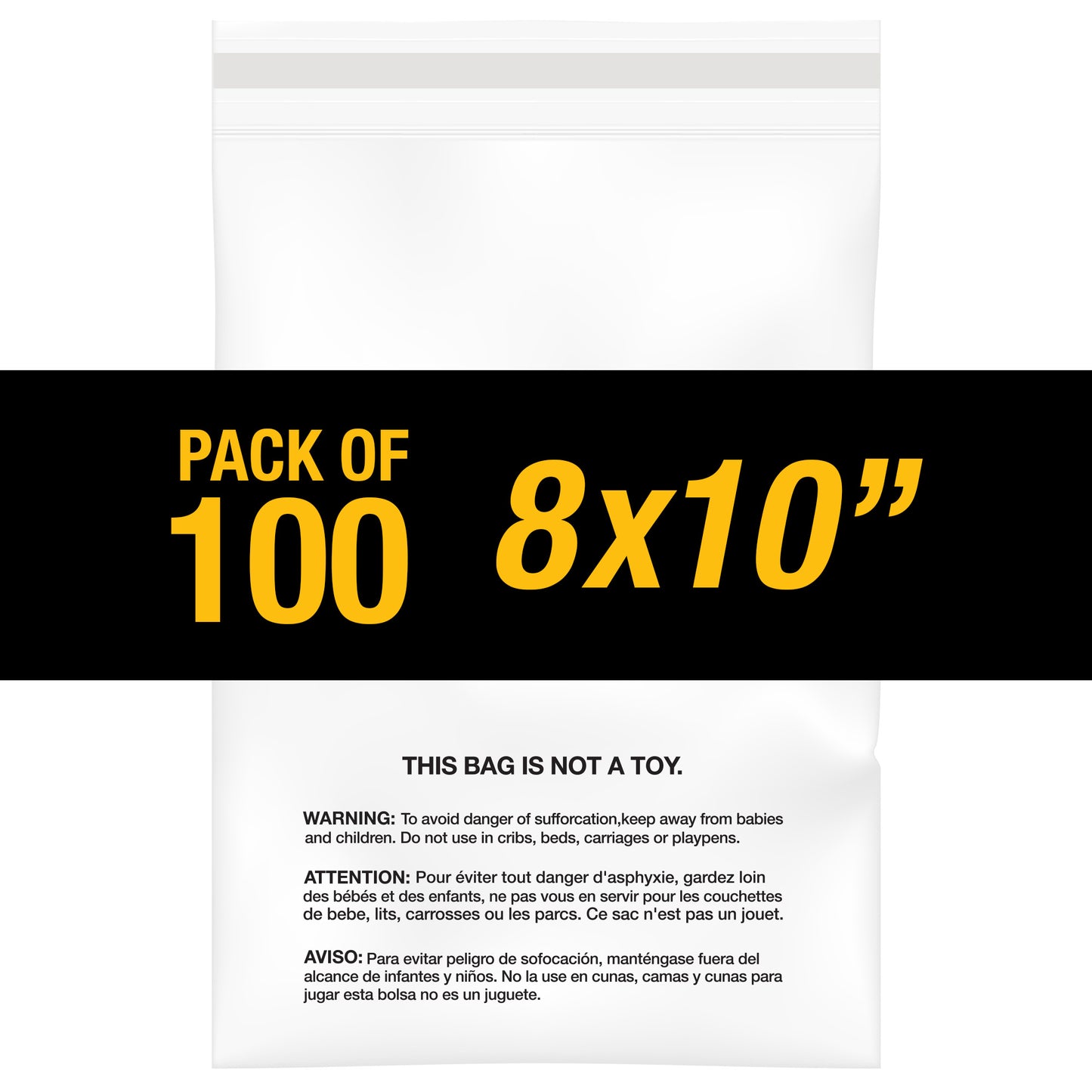 100PC 1.5 Mil 8"x10" Clear Poly Bags with Suffocation Warning
