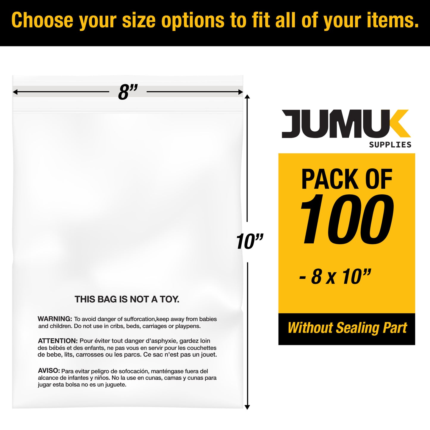 100PC 1.5 Mil 8"x10" Clear Poly Bags with Suffocation Warning